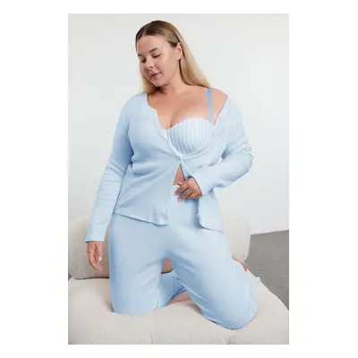 Trendyol Curve Baby Blue Brushed Soft Ribbed Cardigan Knitted Pajama Set