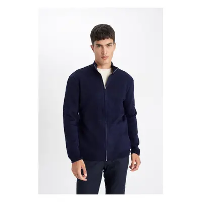 DEFACTO Navy Blue Comfort Regular Fit Relaxed Cut Stand Collar Pocket Basic Plain Zippered Sweat