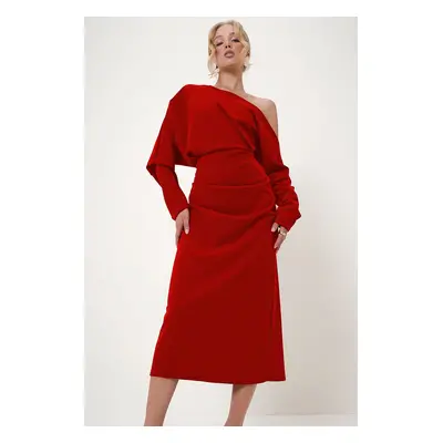 Trend Alaçatı Stili Women's Red Off-the-Shoulder Draped Maxi Knitted Dress