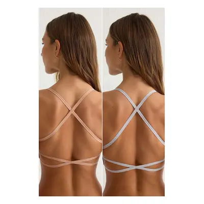 Trendyol Gray-Beige 2-pack Seamless String Strap Non-wired Cupless Bralette Knitted Bra