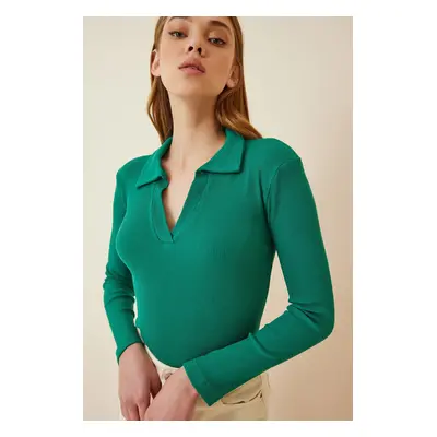 Happiness İstanbul Women's Vivid Green Polo Neck Corded Knitted Blouse