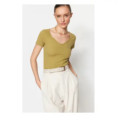 Trendyol Fat Green Fitted Corduroy Cotton Stretch Knitted Blouse