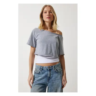 Happiness İstanbul Women's Gray Melange Boat Neck Basic Crop Knitted T-Shirt