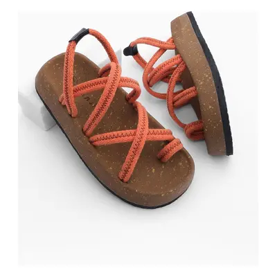 Marjin Women's Cork Sole Patterned Cotton Rope Cross Band Daily Sandals Hista Orange