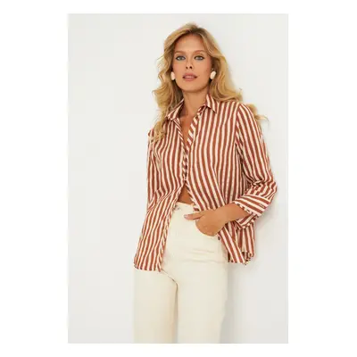 Cool & Sexy Women's Ecru-Brown Striped Shirt