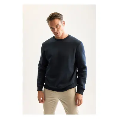 DEFACTO Navy Blue Thread Cotton Raised Polar Fleece Regular Fit Crew Neck Thick Sweatshirt