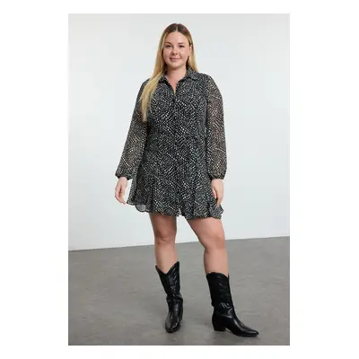 Trendyol Curve Black Belted Polka Dot Mini Lined Chiffon Woven Winter Shirt Dress