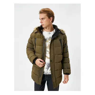 Koton Puffer Jacket Hooded Faux Fur Collar Zipper Pocket Detailed