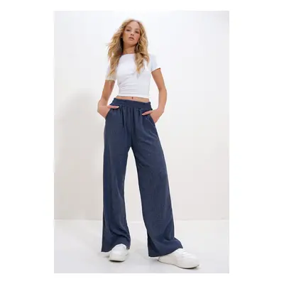 Trend Alaçatı Stili Women's Indigo High Waist Elastic Wide Leg Trousers