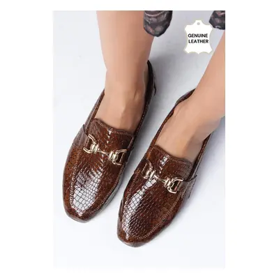 Mio Gusto Jordane Genuine Leather Brown Animal Patterned Flat Toe Women's Loafer Shoes