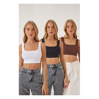 Happiness İstanbul Women's Black Brown White 3-Pack Barbell Crop Knitted Blouse