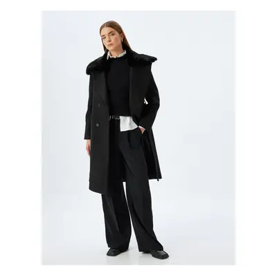 Koton Faux Für Collar Long Double Breasted Cashmere Coat with Belt and Buttons and Pockets