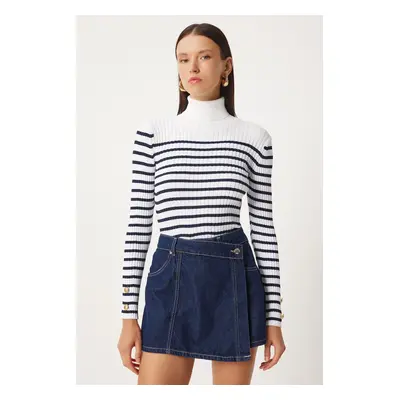 Happiness İstanbul Women's Ecru Navy Blue Turtleneck Striped Seasonal Knitwear Sweater