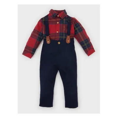 DEFACTO Baby Boy Christmas Themed 3-Piece Set Plaid Long Sleeve Shirt Suspender Trousers Pants