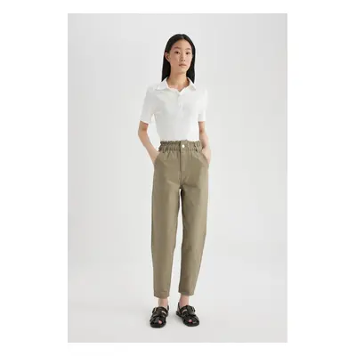 DEFACTO Paperbag Gabardine Trousers High Waist Pocket Basic Straight Standard Leg