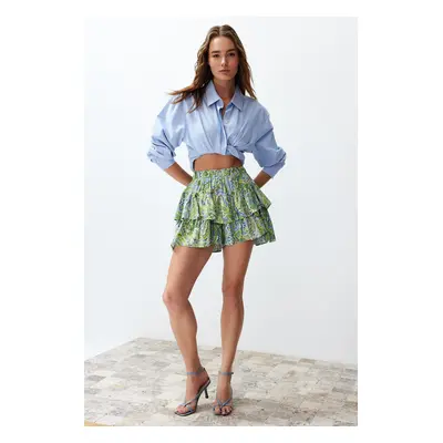 Trendyol Green Shawl Pattern Ruffled Viscose Woven Shorts with Elastic Waist Detail