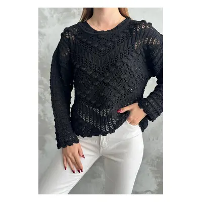 69491 Dewberry Patterned Openwork Knitwear Womens Sweater-BLACK