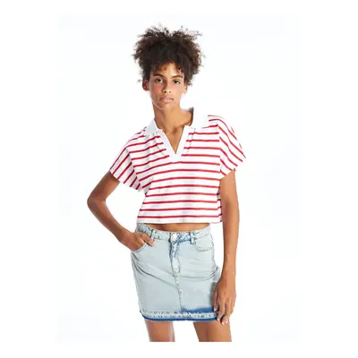 LC Waikiki Lw - Polo Collar Striped Short Sleeve Oversize Women's Crop