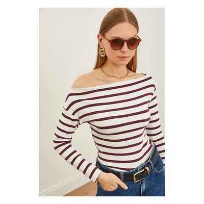 Olalook Women's Plum Striped Premium Soft Touch Boat Neck Stretchy Blouse