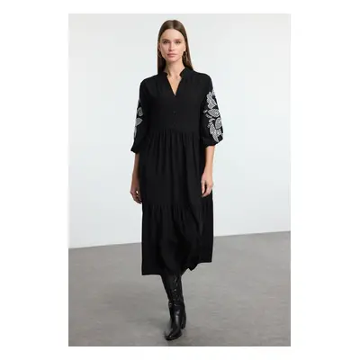 Trendyol Black Embroidered Wide Cut Midi Woven Dress