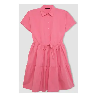 DEFACTO Shirt Collar Pleated Waist Poplin Short Sleeve Mini Pink Dress