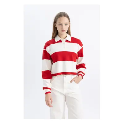 DEFACTO Cool Crop Striped Long Sleeve Polo T-Shirt