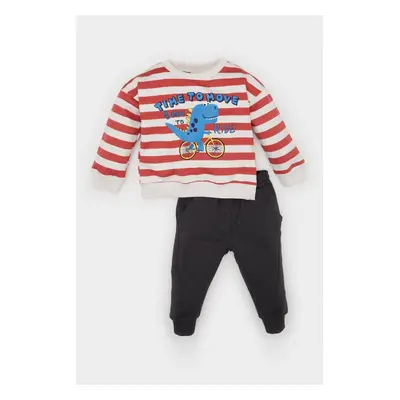 DEFACTO Baby Boy 2-Piece Set Crew Neck Striped Dinosaur Printed Sweatshirt Elastic Waist Tracksu