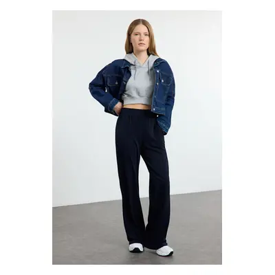 Trendyol Navy Blue Wide Leg/Relaxed Cut High Waist Flexible Trousers