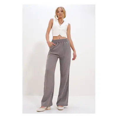 Trend Alaçatı Stili Women's Mink High Waist Elastic Wide Leg Trousers