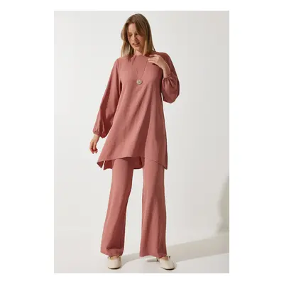 Happiness İstanbul Women's Dusty Rose Flowing Tunic Palazzo Knitted Set