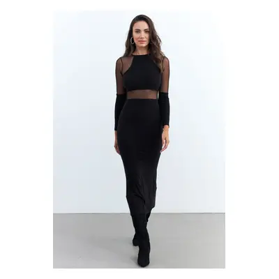 Cool & Sexy Women's Black Tulle Detailed Midi Dress