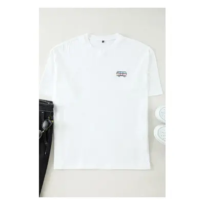 Trendyol White Oversize/Wide Cut Car Embroidered 100% Cotton T-Shirt