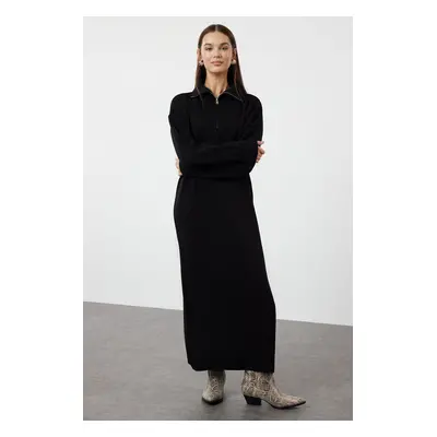 Trendyol Black Comfortable Fit Basic Knitwear Dress with Zipper Collar