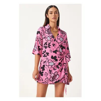 Happiness İstanbul Women's Pink Patterned Summer Viscose Wrap Dress