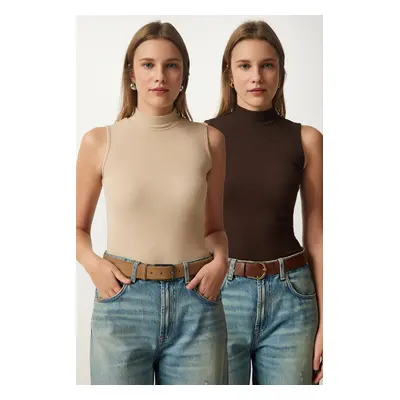 Happiness İstanbul Women's Cream Dark Brown Turtleneck Sleeveless 2-Pack Knitted Blouse