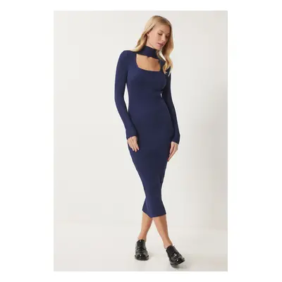 Happiness İstanbul Women's Navy Blue Cut Out Detailed Stand Collar Ribbed Knit Dress