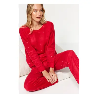 Trendyol Red Polka Dot Fleece Winter Knitted Pajamas Set