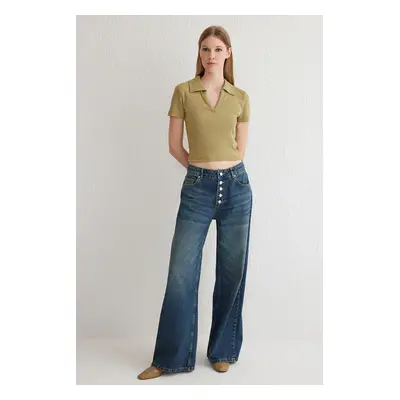 Trendyol Dark Blue Button Front Low Waist Wide Leg Jeans