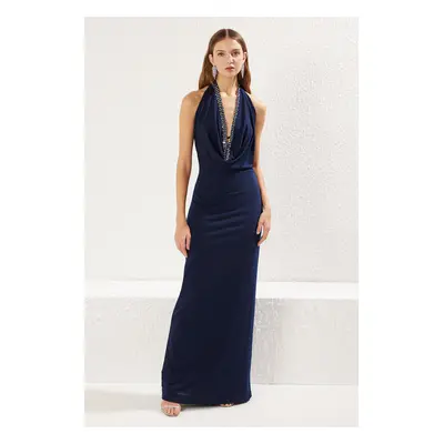 Trendyol Navy Blue Cowl Neck Shiny Stone Detailed Knitted Elegant Evening Dress