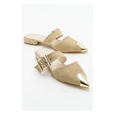 LuviShoes Jenni Beige Women's Straw Buckle Slippers