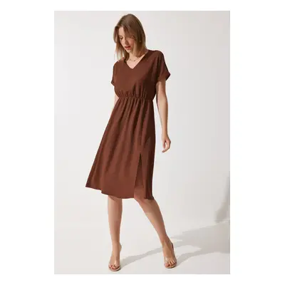 Happiness İstanbul Women's Brown V-Neck Slit Summer Casual Knitted Dress