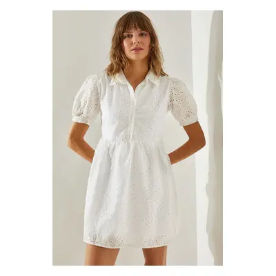 Bianco Lucci Women's Patterned Shirt Collar Scalloped Dress