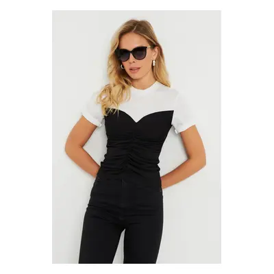 Cool & Sexy Women's Gathered T-Shirt Blouse Black-White KS117