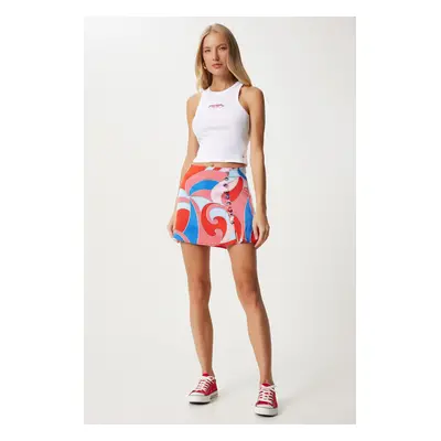 Happiness İstanbul Women's Red Blue Patterned Satin Surface Mini Short Skirt