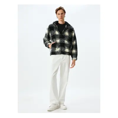 Koton Plaid Patterned Hooded Zippered Plush Jacket