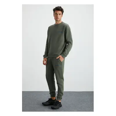 GRIMELANGE Marshall Men's Cotton Fleece Inside Embroidered Relaxed Khaki Tracksuit Se