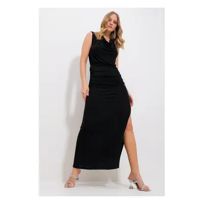 Trend Alaçatı Stili Women's Black Turndown Collar Draped Slit Buzzy Evening Dress