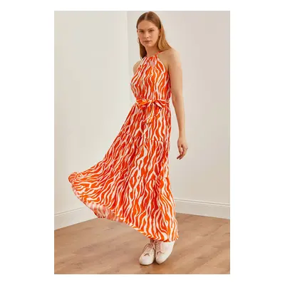 Olalook Women's Zebra Orange White Barter Collar Belted Woven Viscon Dress