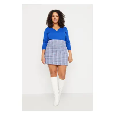 Trendyol Curve Blue Plaid Tweed Mini Woven Plus Size Skirt