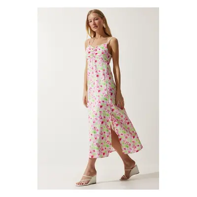 Happiness İstanbul Women's Green Pink Strap Patterned Viscose Dress